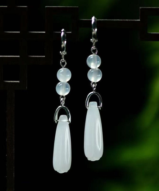 Art White Sterling Silver Jade Orchid Crystal Drop Earrings