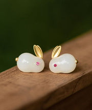 Art White Sterling Silver Overgild Jade Rabbit Stud Earrings