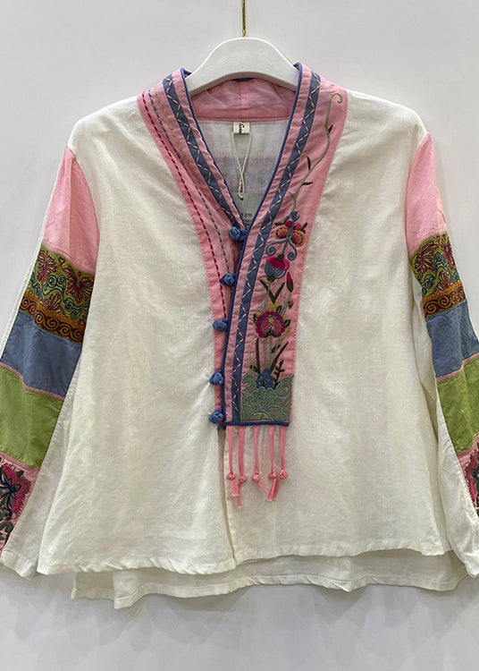 Art White V Neck Embroidered Floral Button Linen Top Long Sleeve