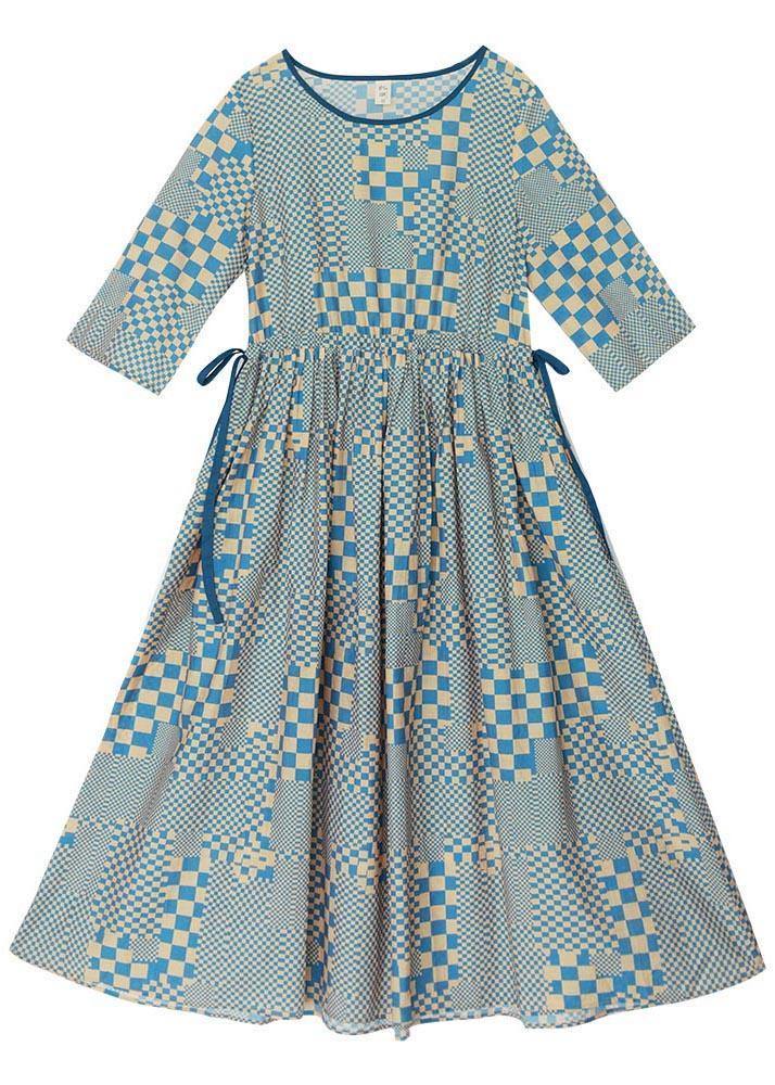 Art Yellow Blue Plaid tie waist Dress Summer Linen Dress - SooLinen