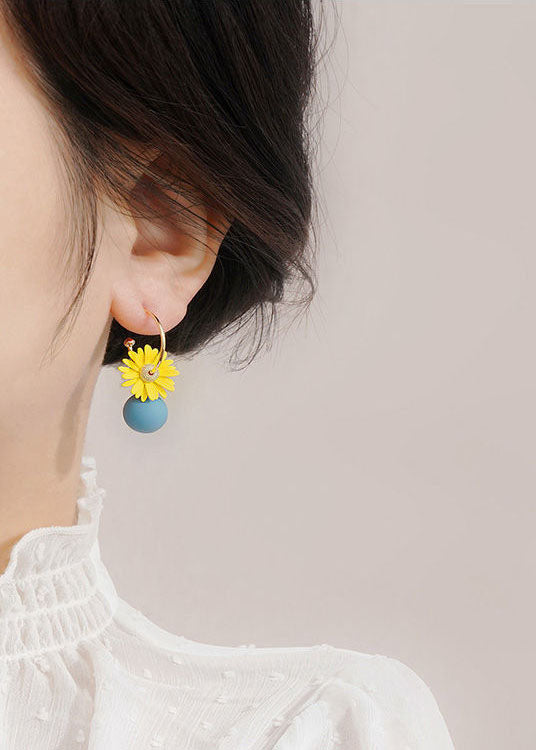 Art Yellow Daisy Asymmetrical Design Metal Drop Earrings