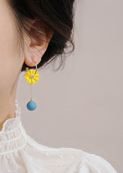 Art Yellow Daisy Asymmetrical Design Metal Drop Earrings