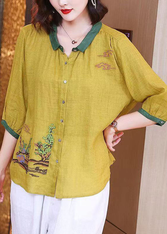 Art Yellow Embroidered Button Patchwork Linen Shirt Tops Summer