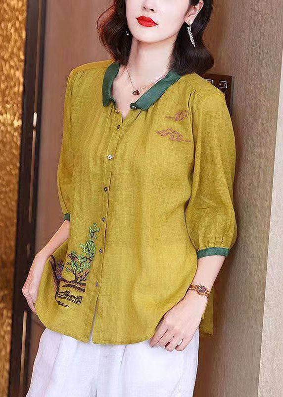 Art Yellow Embroidered Button Patchwork Linen Shirt Tops Summer