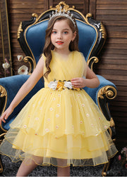 Art Yellow Embroidered Daisy Tulle Baby Girls Party Dress Summer