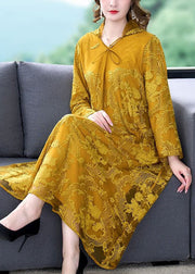 Art Yellow Hooded Embroidered Patchwork Silk Dress Spring