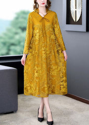 Art Yellow Hooded Embroidered Patchwork Silk Dress Spring