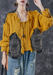 Art Yellow Oversized Patchwork Pockets Knit Sweaters Winter