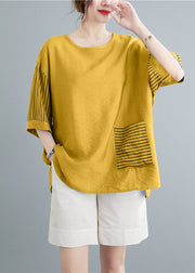 Art Yellow Oversized Patchwork Striped Pocket Cotton Blouse Top Half Sleeve