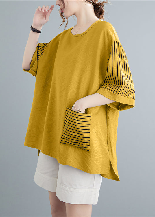 Art Yellow Oversized Patchwork Striped Pocket Cotton Blouse Top Half Sleeve