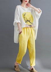 Art Yellow Oversized Print Cotton Two Piece Suit Set Batwing Sleeve