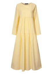 Art Yellow Patchwork Solid Loose Linen Dress Long Sleeve