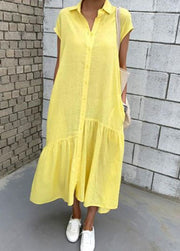 Art Yellow Peter Pan Collar Wrinkled Patchwork Cotton Shift Dress Summer