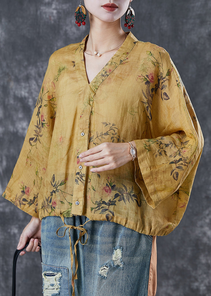 Art Yellow Print Drawstring Linen Shirt Top Spring