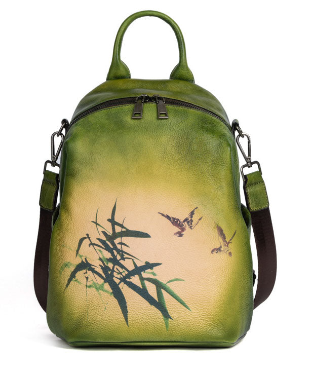 Art Yellow Print Paitings Calf Leather Backpack Bag
