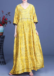 Art Yellow Print Silk Loose Long Dresses Summer - SooLinen