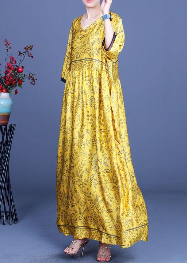 Art Yellow Print Silk Loose Long Dresses Summer - SooLinen