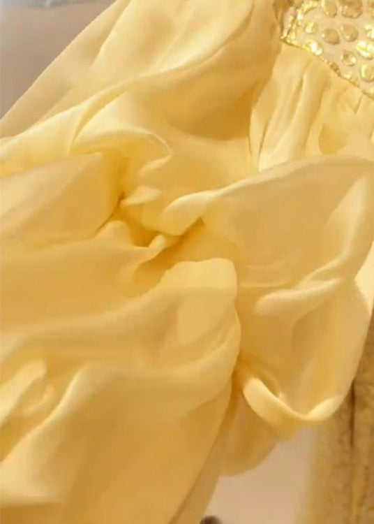 Art Yellow Ruffled Jacquard Patchwork Silk Dress Puff Sleeve