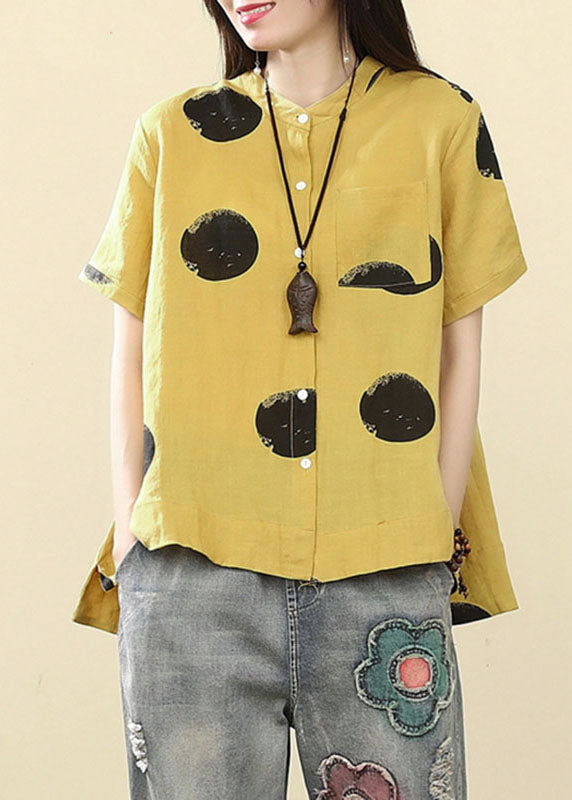 Art Yellow Stand Collar Dot Button Low High Design Shirts Short Sleeve