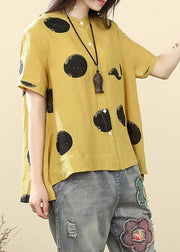 Art Yellow Stand Collar Dot Button Low High Design Shirts Short Sleeve