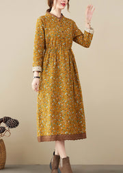 Art Yellow Stand Collar tie waist Print Lace Patchwork Dresses Long Sleeve