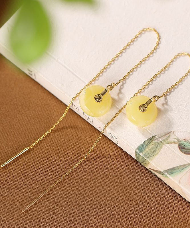 Art Yellow Sterling Silver Overgild Beeswax Amber Drop Earrings