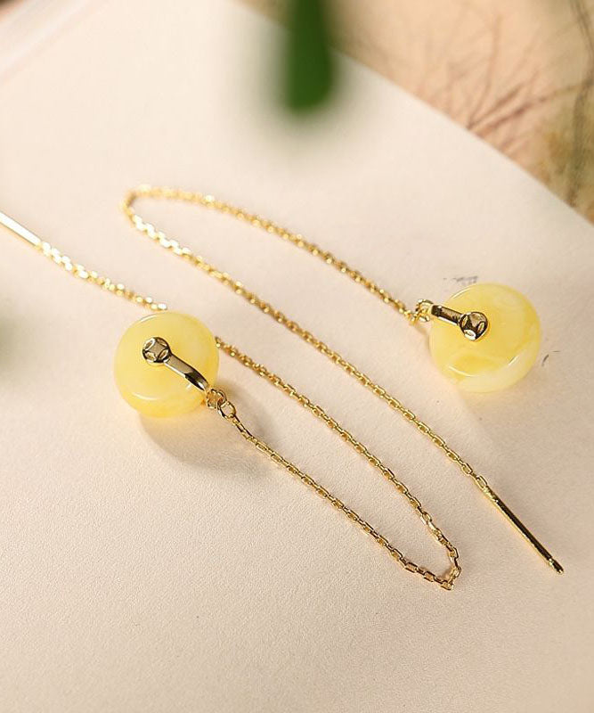 Art Yellow Sterling Silver Overgild Beeswax Amber Drop Earrings