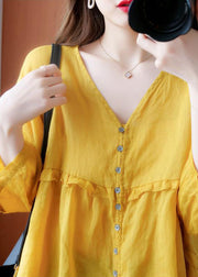Art Yellow V Neck Button Rüschen asymmetrisches Design Fall Half Sleeve Shirt Top