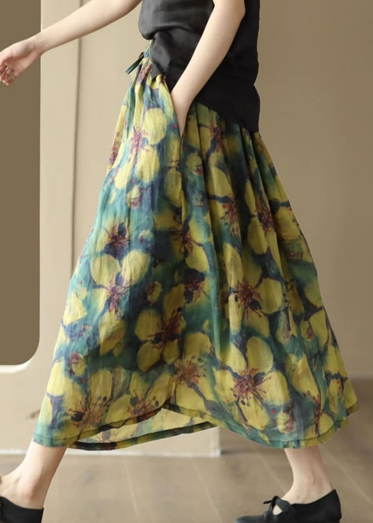 Art Yellow Wrinkled Pockets Patchwork Linen Skirts Summer