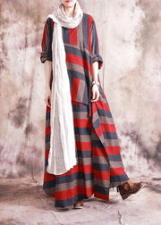 Art asymmetric linen dresses Catwalk red striped patchwork Dress fall - SooLinen