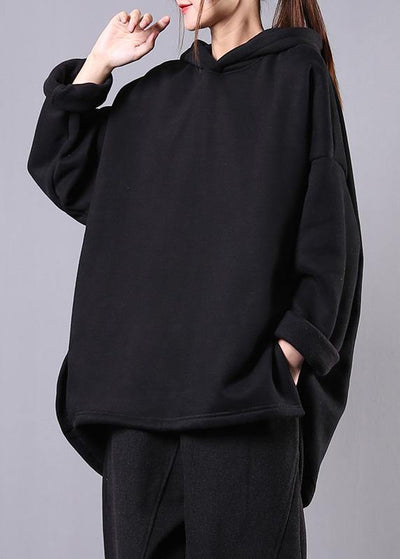 Art black cotton Blouse hooded pockets Dresses top - SooLinen