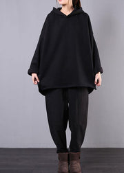 Art black cotton Blouse hooded pockets Dresses top - SooLinen