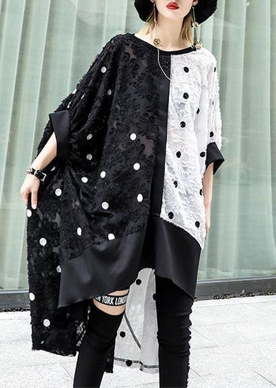 Art black dotted chiffon dresses Online Shopping patchwork asymmetric Robe Summer Dress - SooLinen