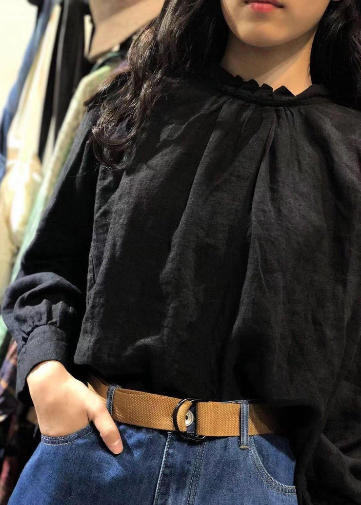 Art black linen tunics for women stand collar cotton fall blouse - SooLinen