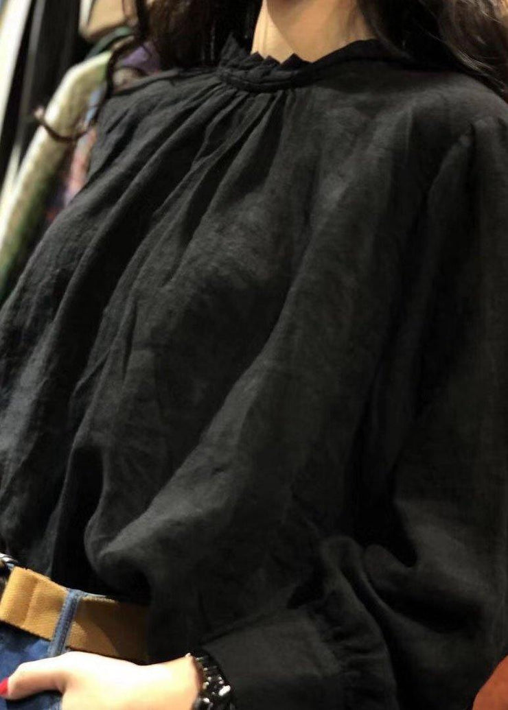Art black linen tunics for women stand collar cotton fall blouse - SooLinen