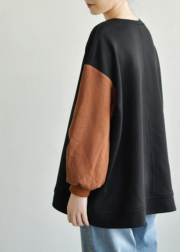 Art black patchwork chocolate cotton tunic pattern o neck long sleeve Midi fall shirts - SooLinen