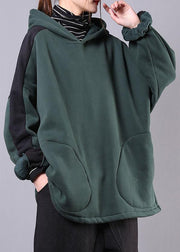 Art blackish green cotton Blouse hooded patchwork Midi fall blouse - SooLinen