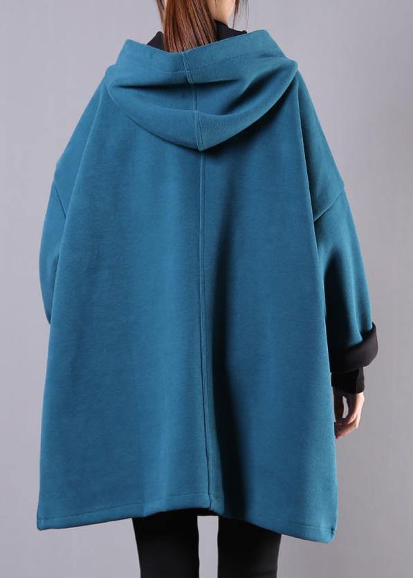 Art blue cotton clothes For Women hooded thick loose fall blouse - SooLinen