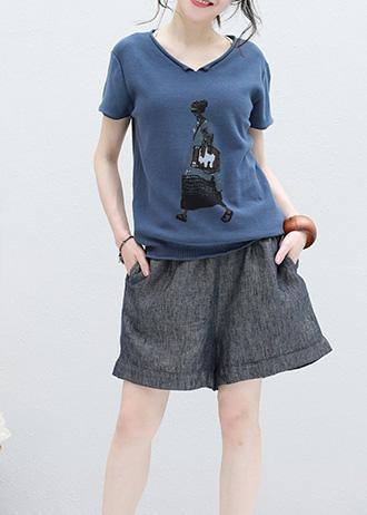 Art blue short sleeve cotton Blouse Cartoon print oversized summer shirts - SooLinen
