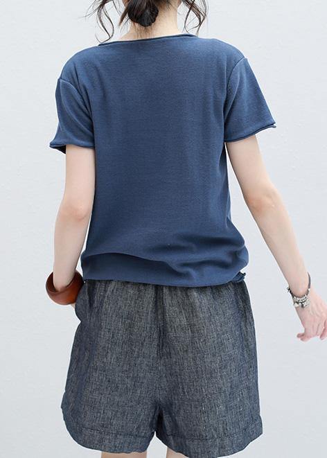 Art blue short sleeve cotton Blouse Cartoon print oversized summer shirts - SooLinen