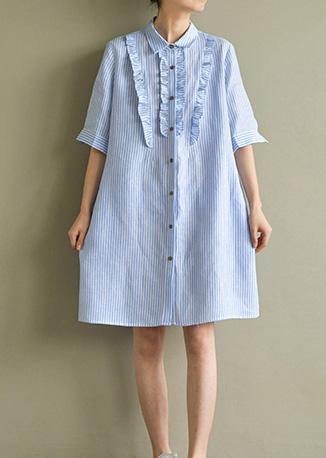 Art blue striped linen lapel half sleeve summer Dress - SooLinen