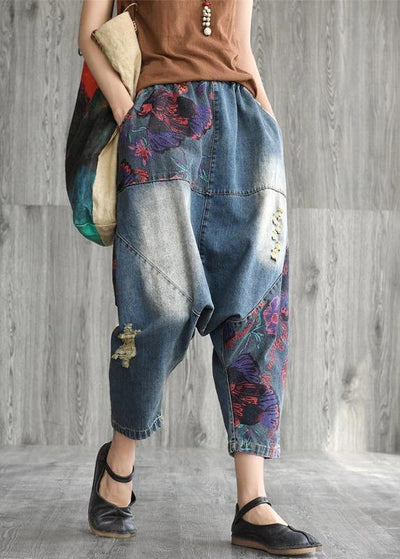 Art cotton clothes Women Casual Printed Frayed Low Crotch Jeans - SooLinen