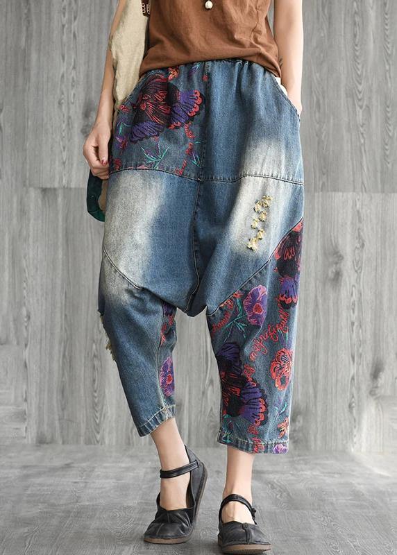 Art cotton clothes Women Casual Printed Frayed Low Crotch Jeans - SooLinen