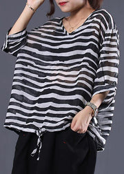 Art cotton shirts women plus size Adjustable Waist Stripes Casual Loose Blouse - SooLinen