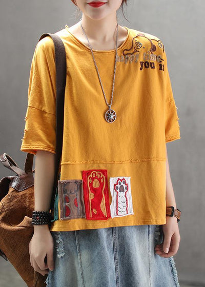 Art cotton tunic top Pakistani Summer yellow Loose Retro Ripped Hole Embroidery T-Shirt - SooLinen