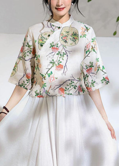 Art floral linen blouses for women half sleeve oversized stand collar shirts - SooLinen