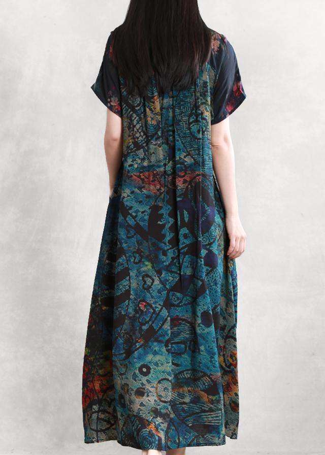 Art floral linen dresses v neck asymmetric robes Dresses - SooLinen