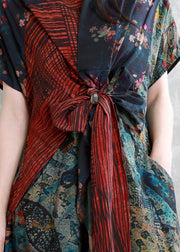 Art floral linen dresses v neck asymmetric robes Dresses - SooLinen