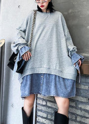 Art gray Blouse o neck false two pieces oversized blouses - SooLinen