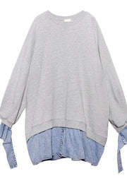 Art gray Blouse o neck false two pieces oversized blouses - SooLinen